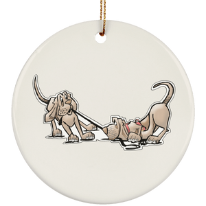 Tim's TugOWar Hounds Ceramic Circle Ornament - The Bloodhound Shop